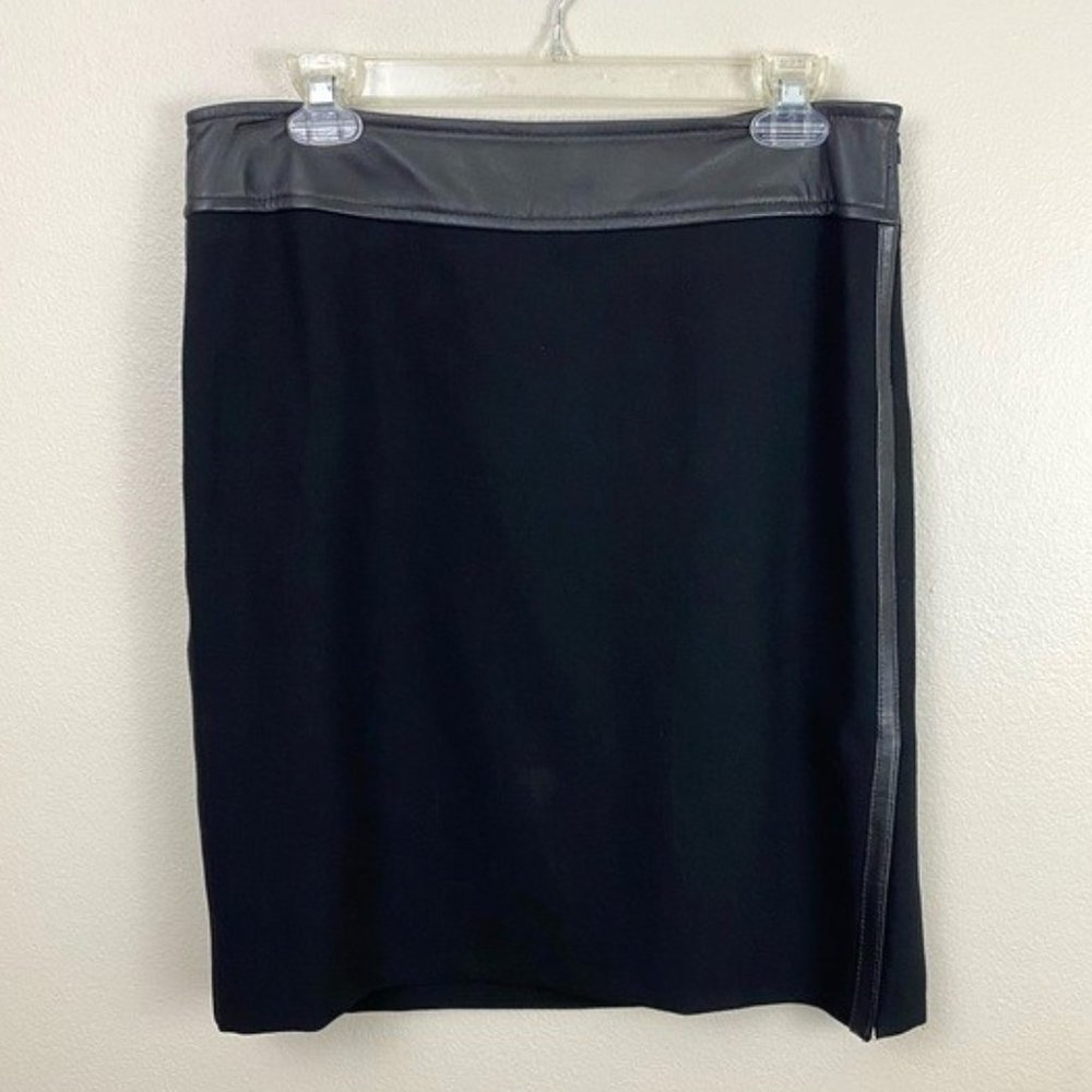 INC Black Wool Pencil Skirt Faux Leather Trim